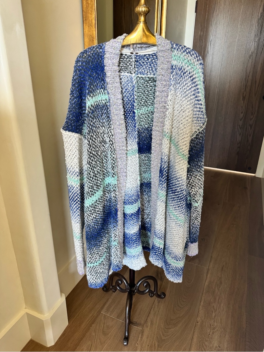 Free People Open-Front Knit Cardigan in Blue, Gray & Mint